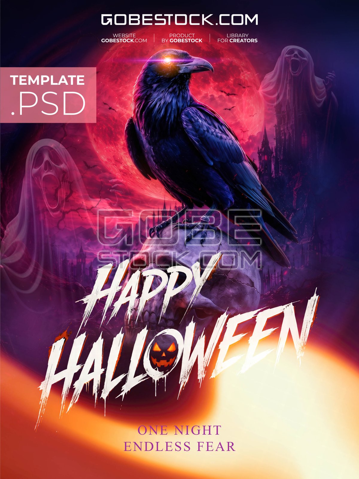 Halloween poster with raven on skull before red moon and ghosts