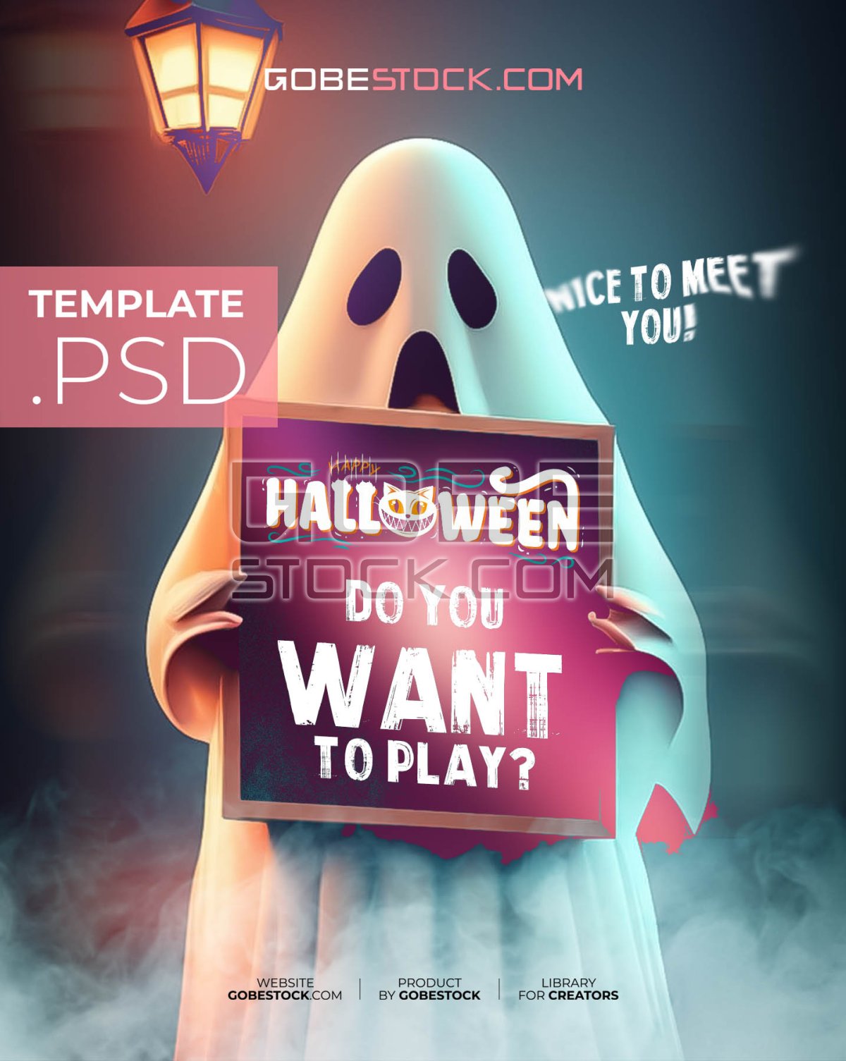 Halloween poster with sheet ghost holding trick or treat sign