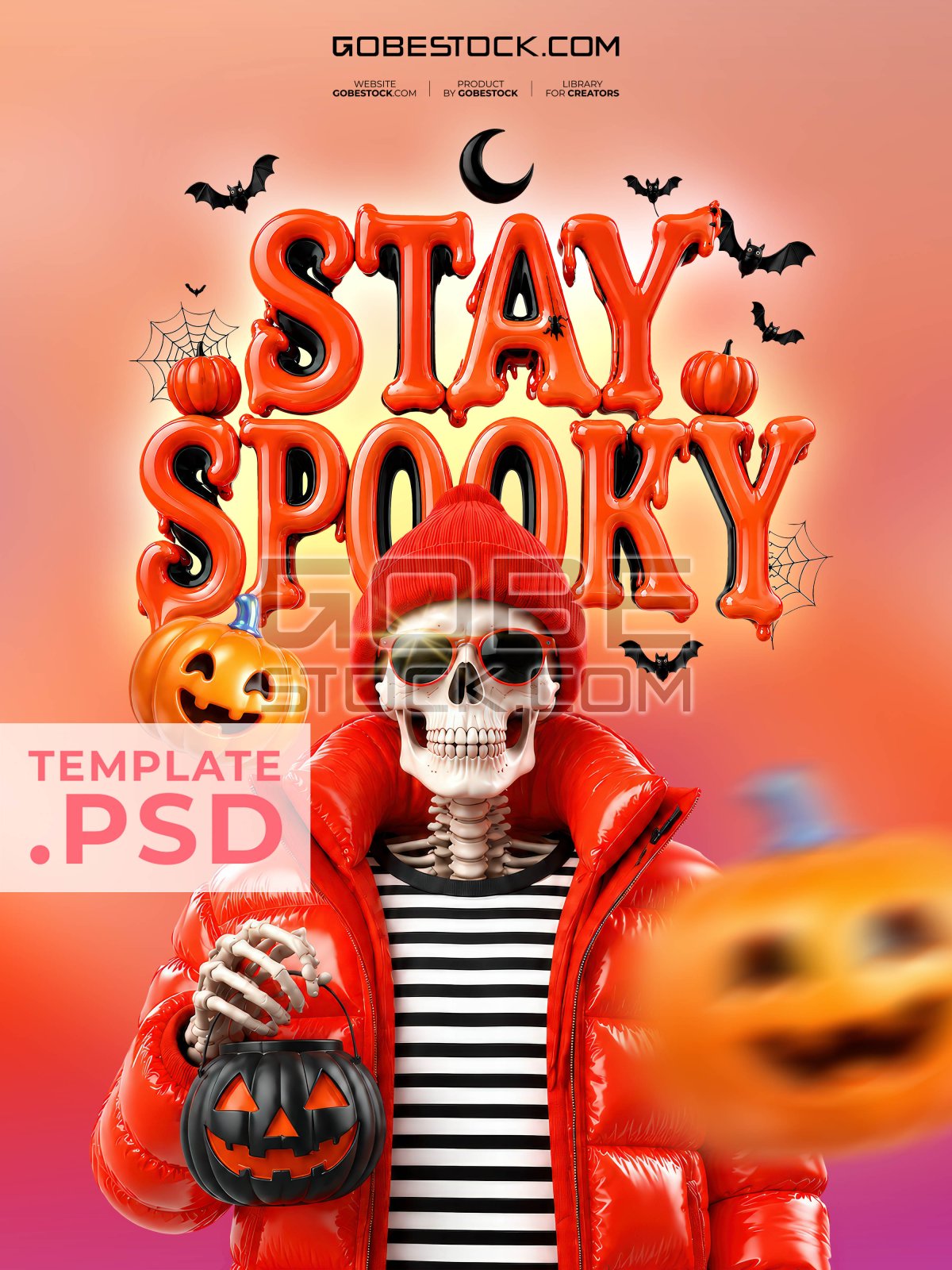 Halloween poster with skeleton in red puffer jacket and pumpkin bucket