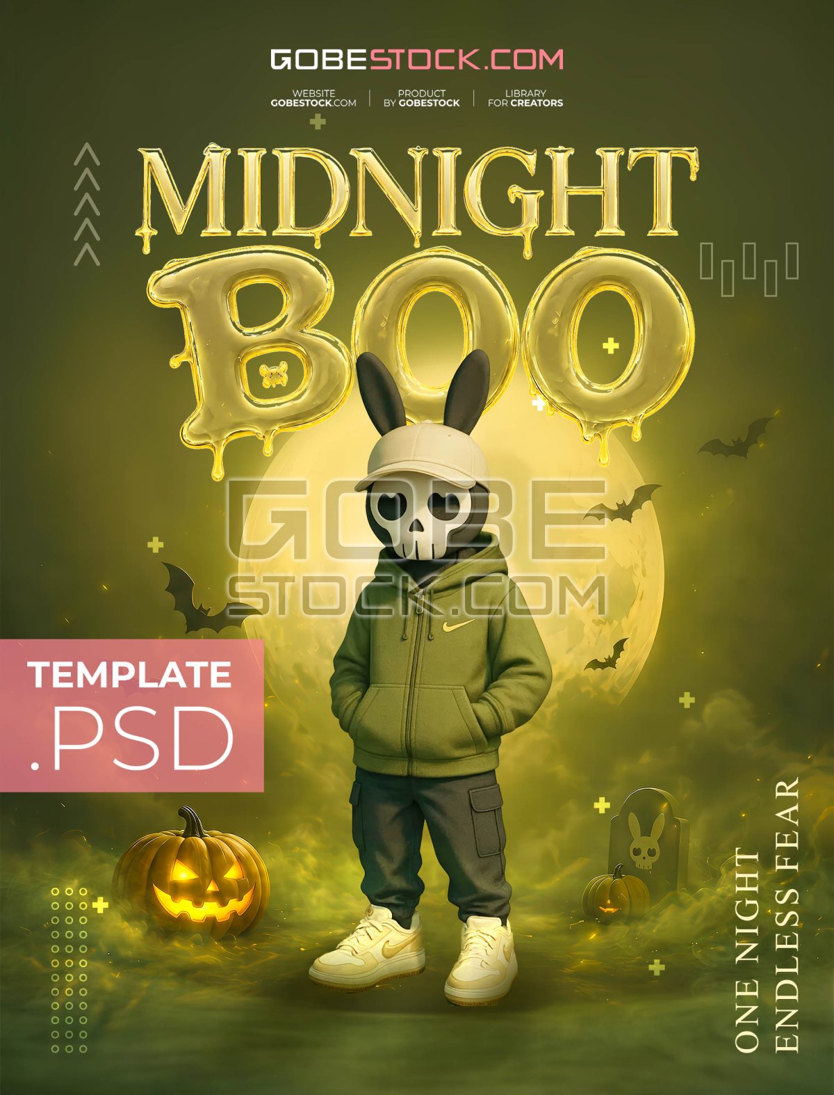 Halloween poster with skeleton kid in hoodie and bunny cap