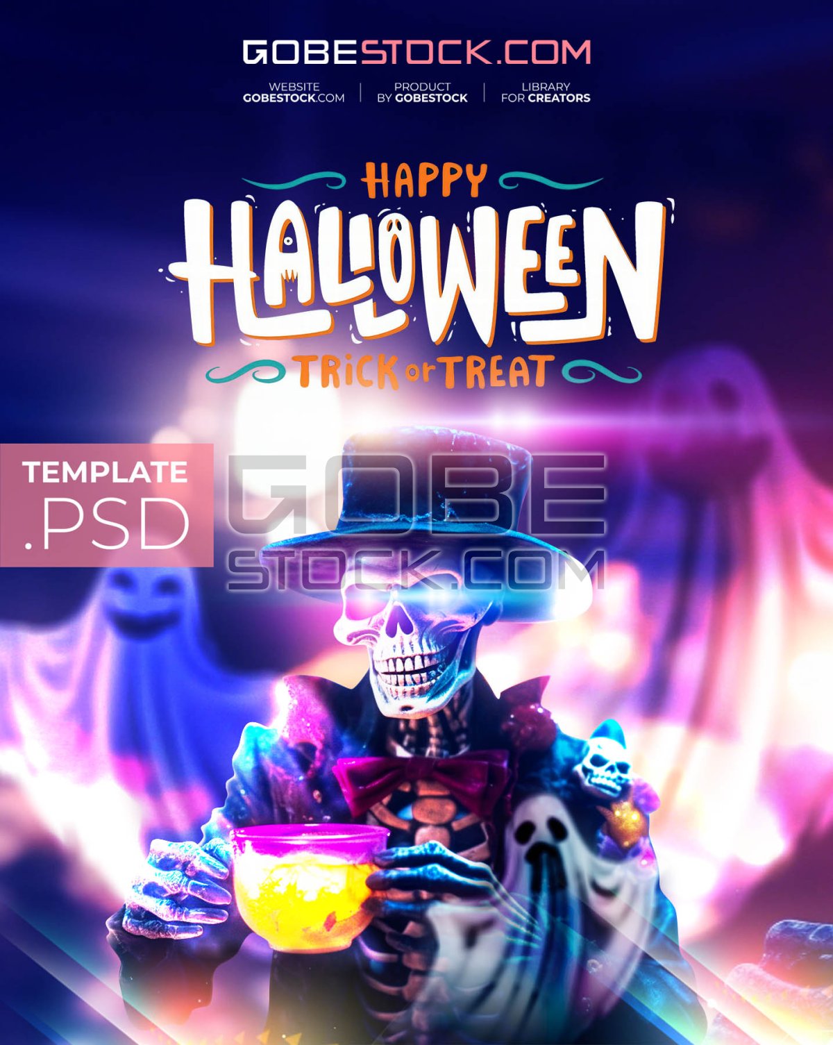 Halloween poster with skeleton magician and glowing cauldron