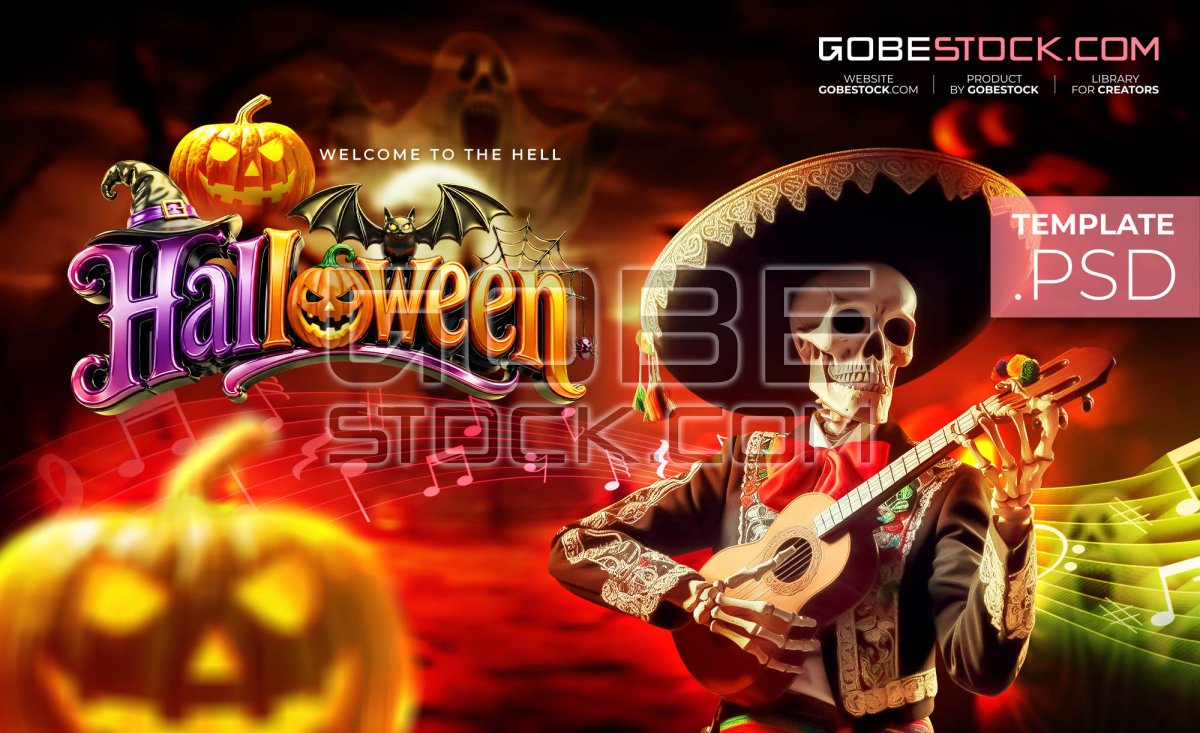 Halloween poster with skeleton mariachi guitarist and pumpkins