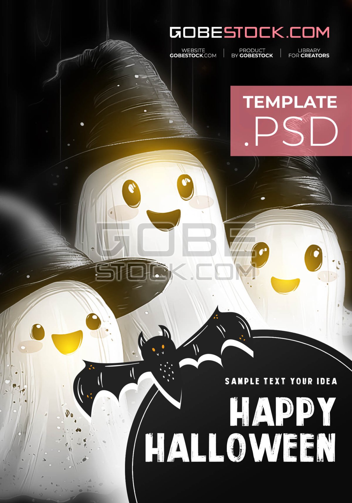 Halloween poster with three cute ghosts wearing witch hats