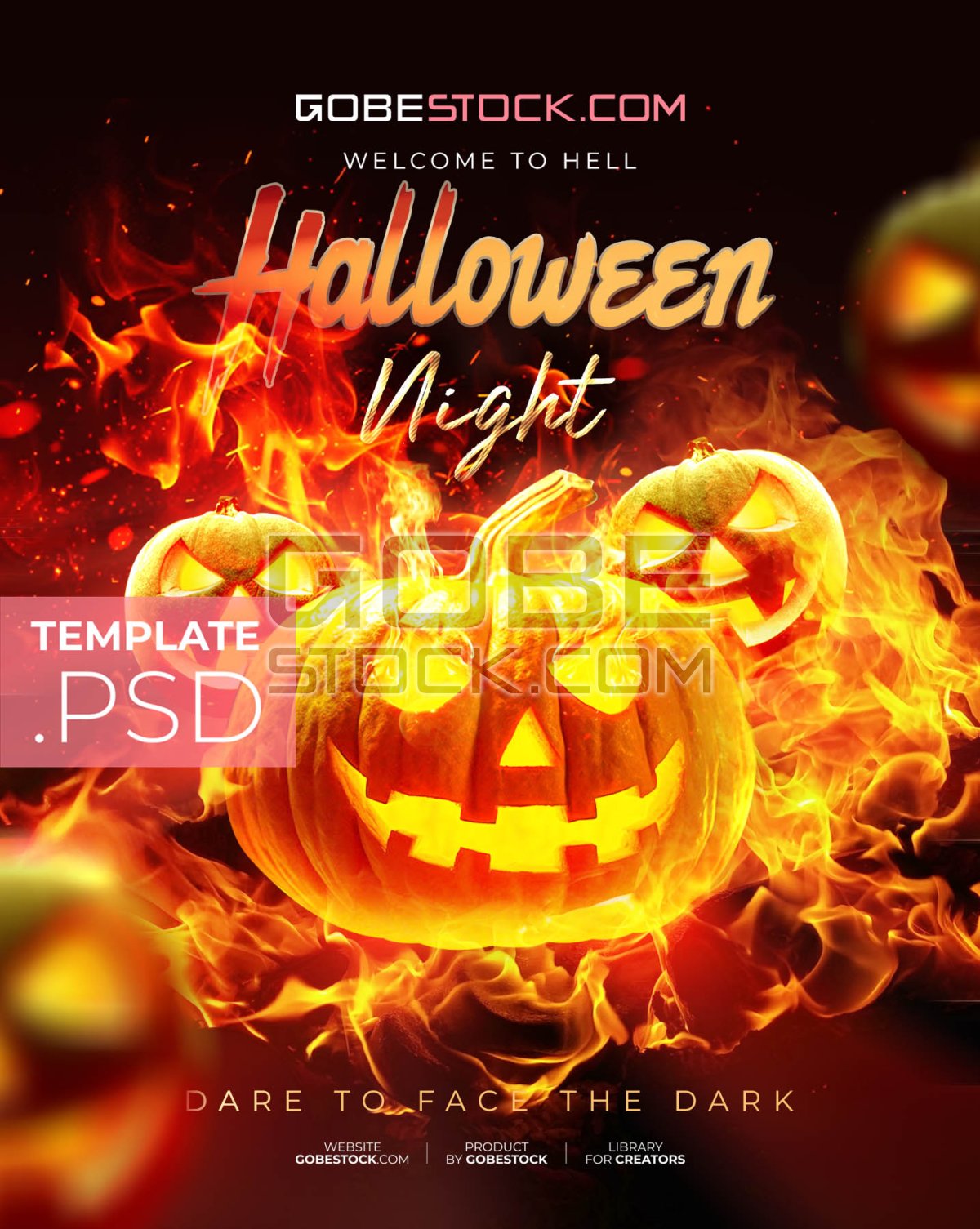 Halloween poster with trio of flaming jack o lanterns