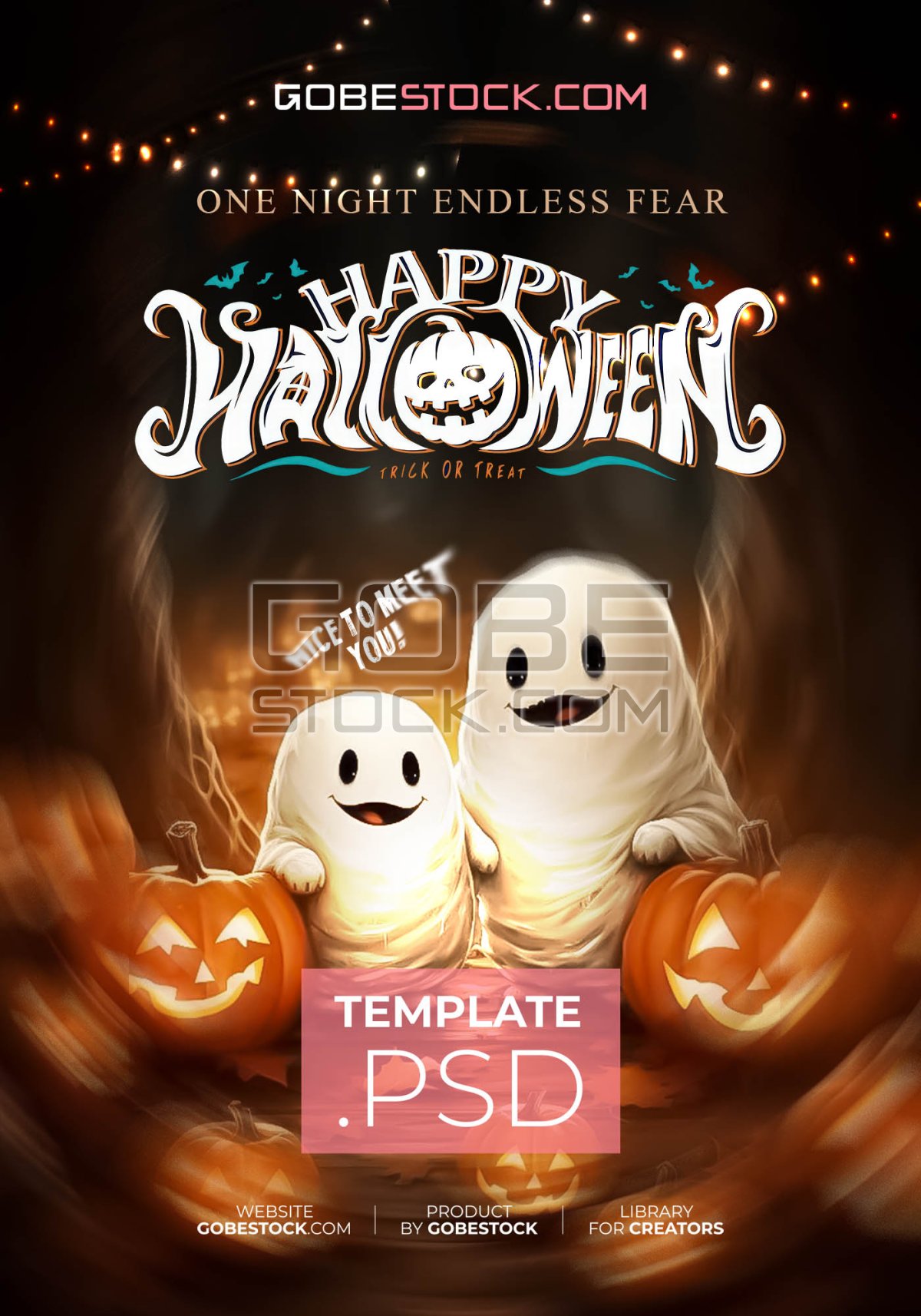 Halloween poster with two happy ghosts among glowing pumpkins