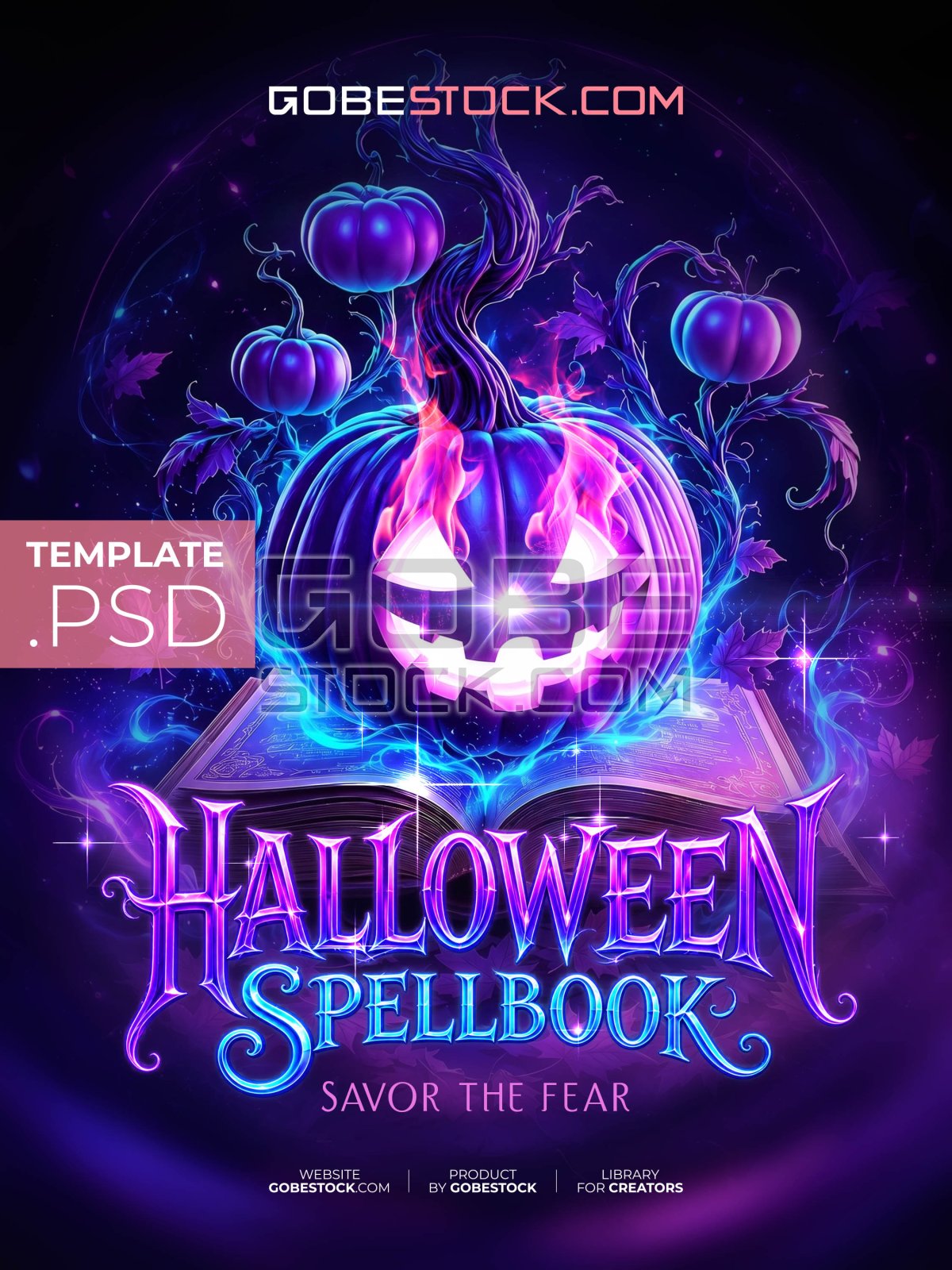 Halloween spellbook poster with glowing purple jack o lantern