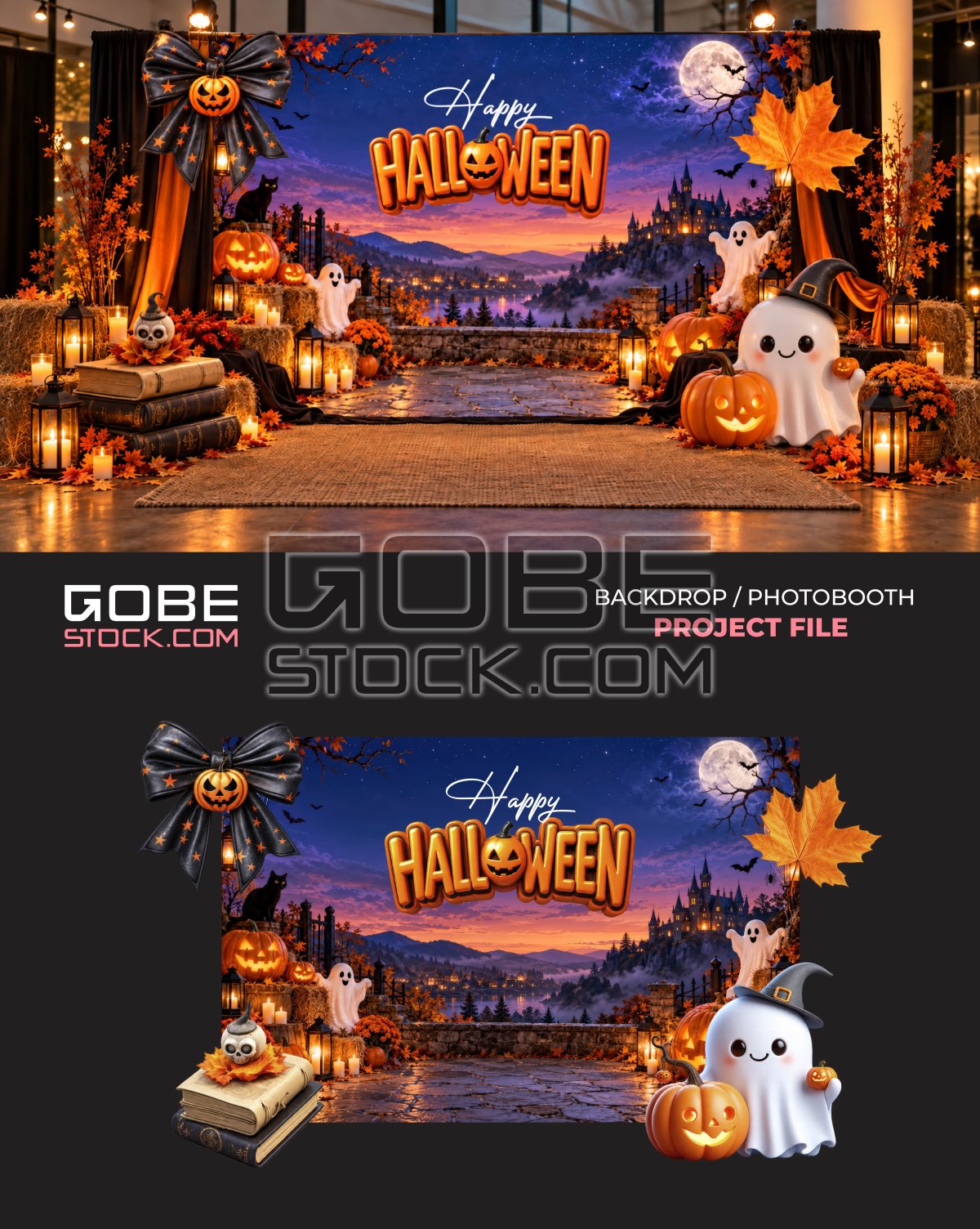 Orange Halloween Ghost Pumpkin Scenic Photobooth Backdrop