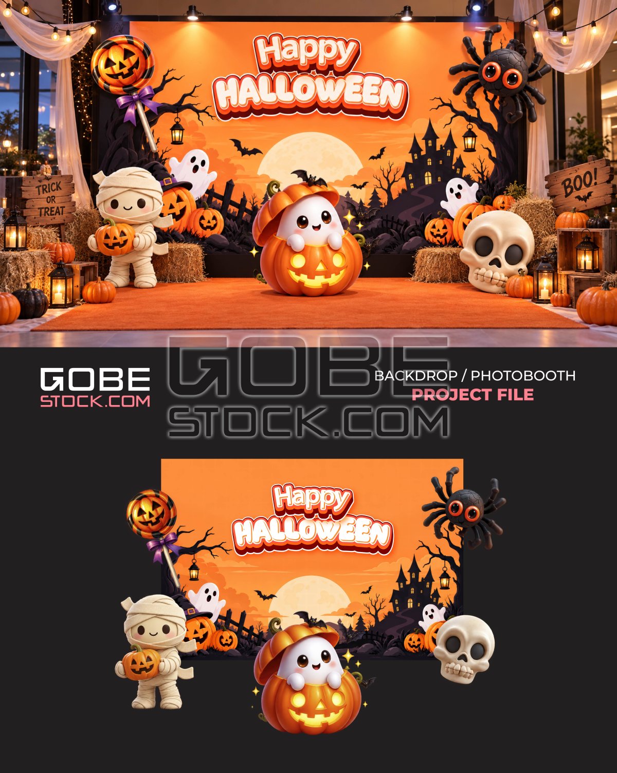 Orange Halloween Mummy Ghost Pumpkin Photobooth Backdrop