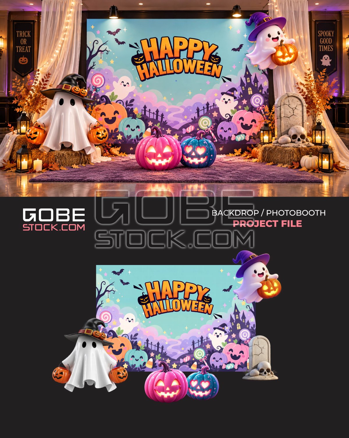 Pastel Halloween Ghost Pumpkin Cartoon Photobooth Backdrop