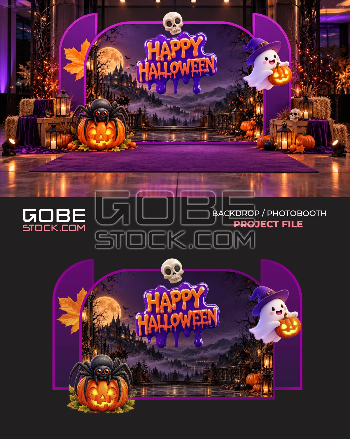 Purple Halloween Ghost Pumpkin Stage Photobooth Backdrop