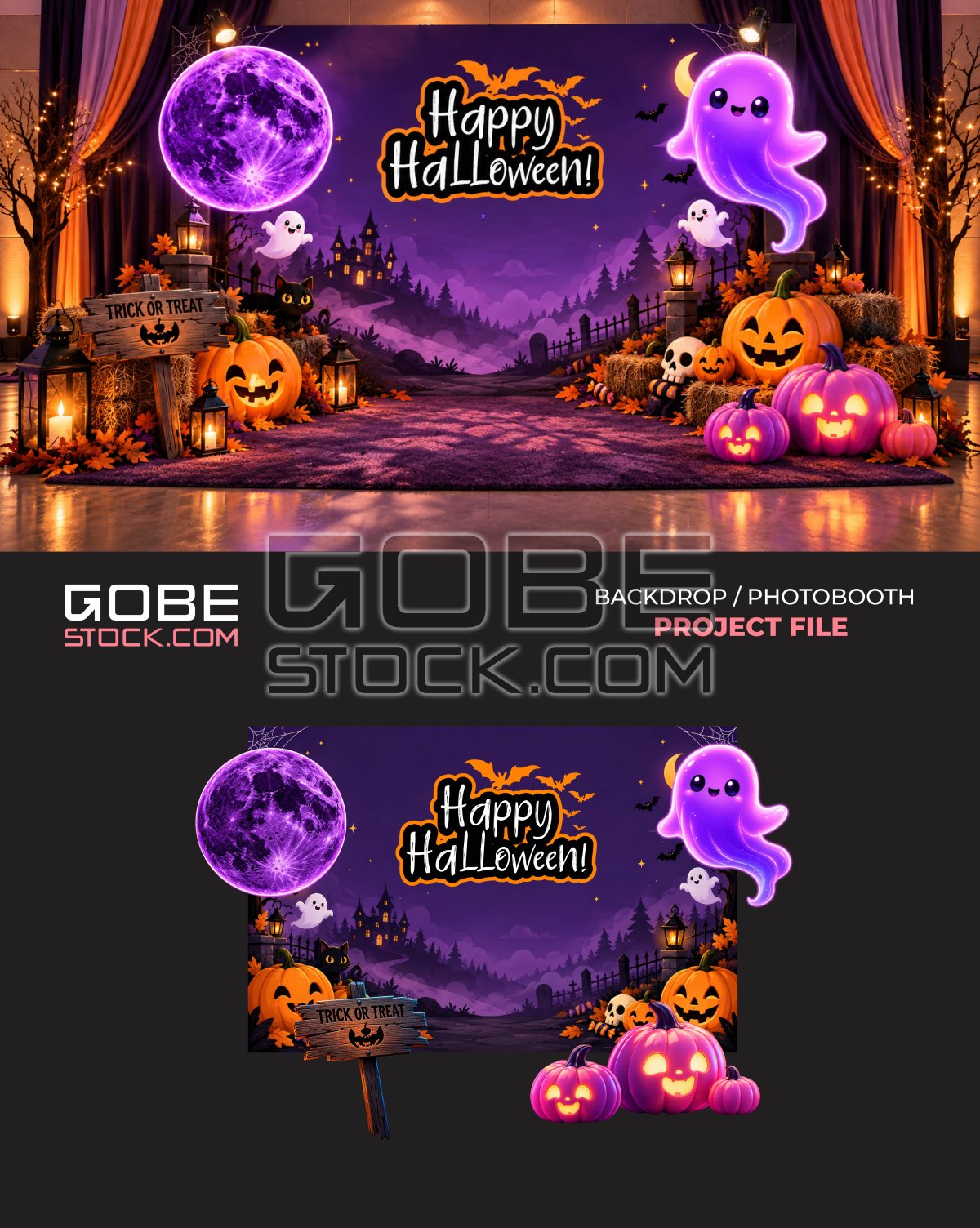 Purple Halloween Moon Ghost Pumpkin Photobooth Backdrop