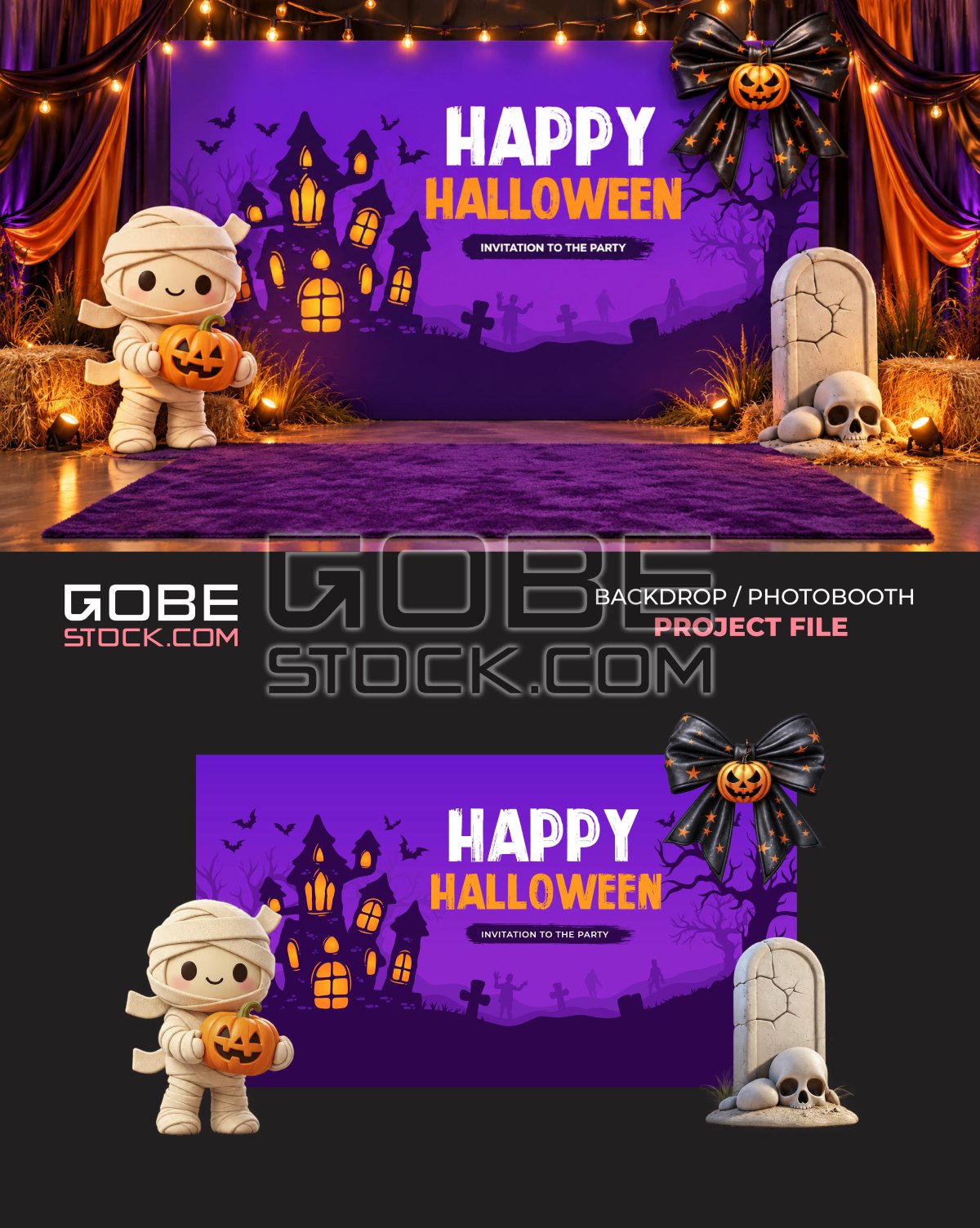 Purple Halloween Mummy Haunted Castle Photobooth Backdrop