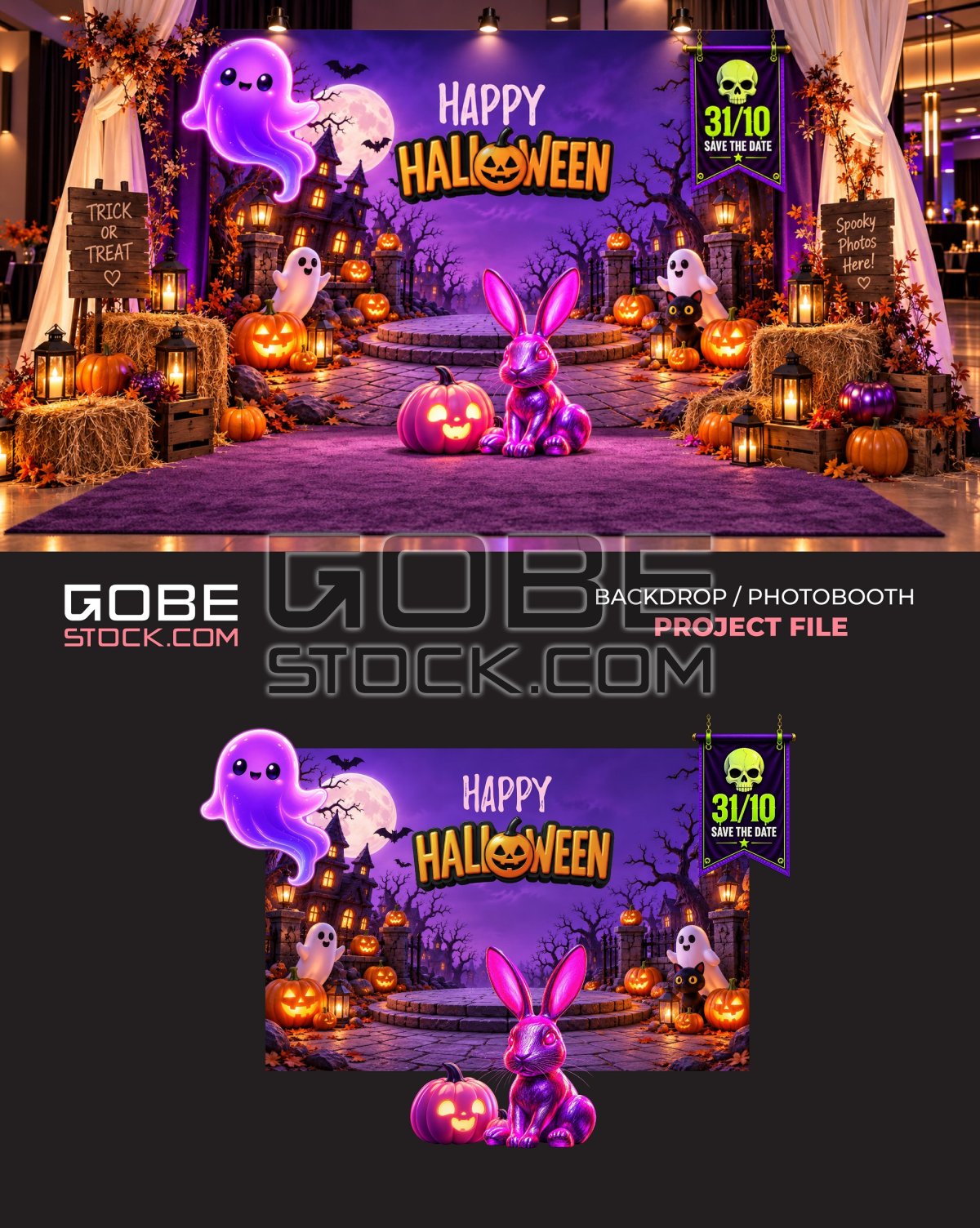 Purple Haunted Castle Rabbit Halloween Photobooth Backdrop