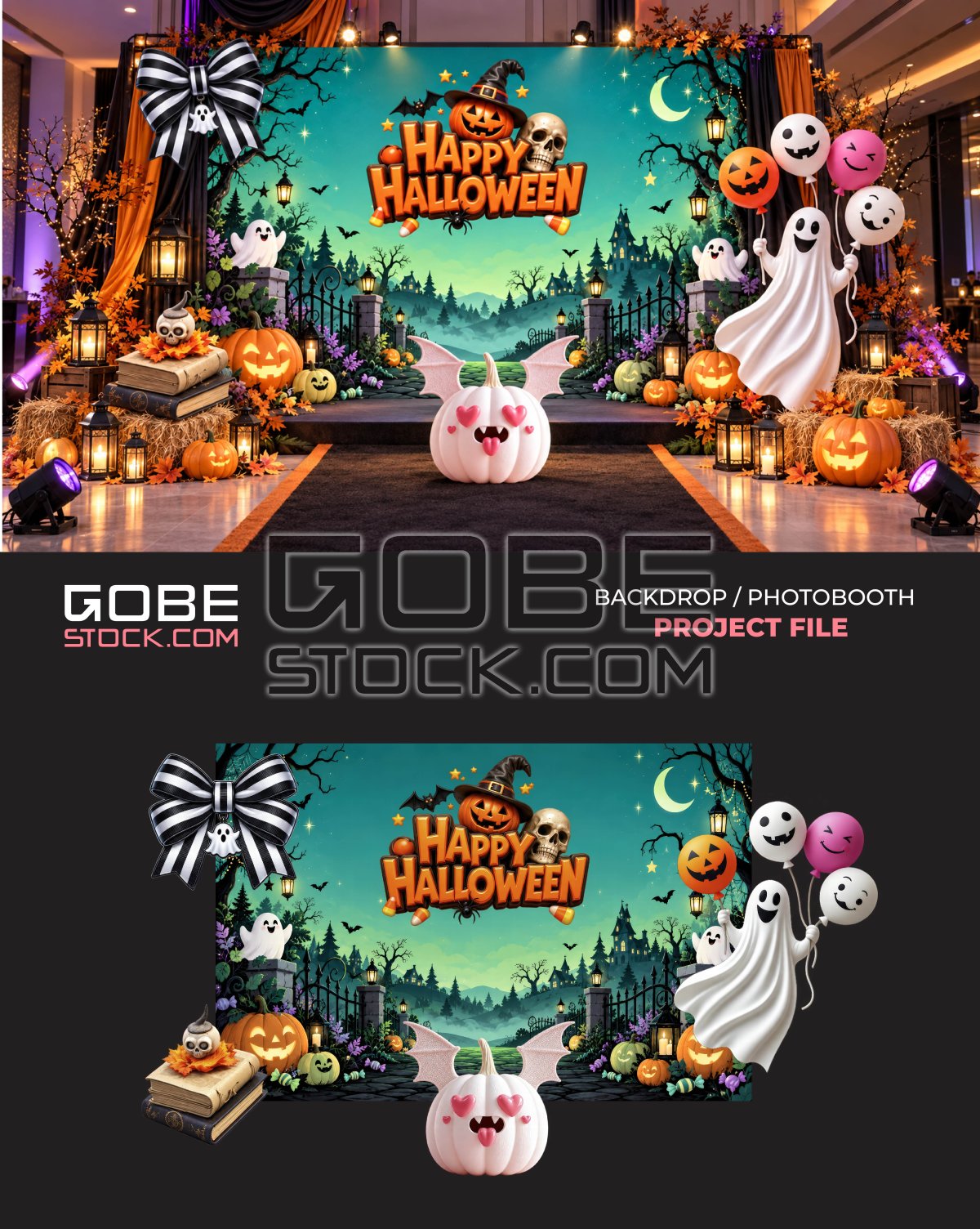 Teal Halloween Ghost Balloon Pumpkin Photobooth Backdrop