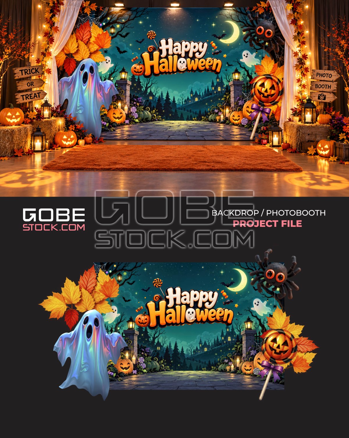 Teal Halloween Ghost Pumpkin Forest Photobooth Backdrop