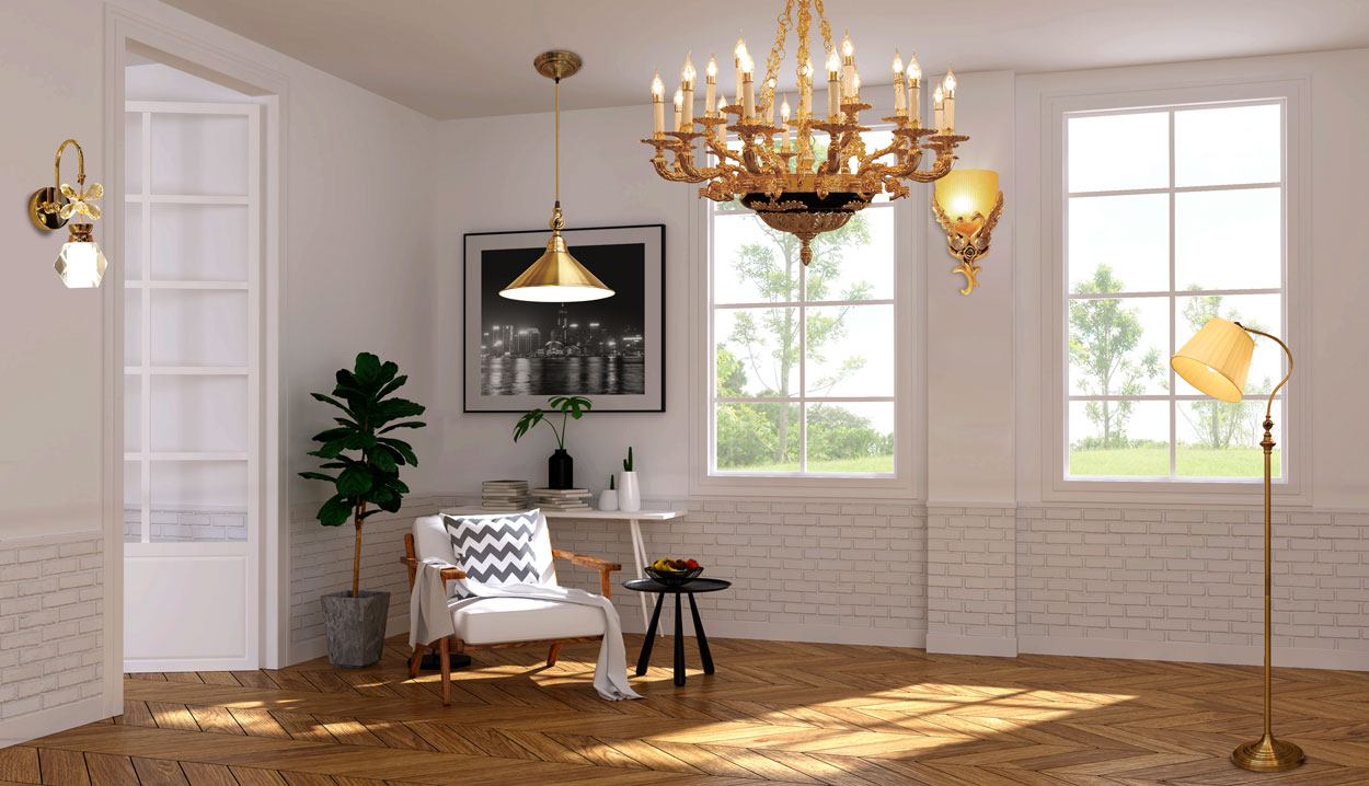 phòng khách hiện đại sử dụng đèn trang trí giả đồng