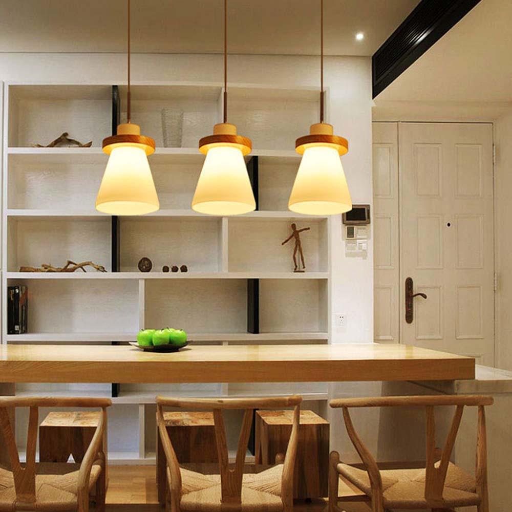 Đèn thả trang trí chiếu sáng bàn ăn chao thủy tinh hình nón chuôi gỗ cao cấp Đèn thả trang trí chiếu sáng bàn ăn chao thủy tinh hình nón chuôi gỗ cao cấp