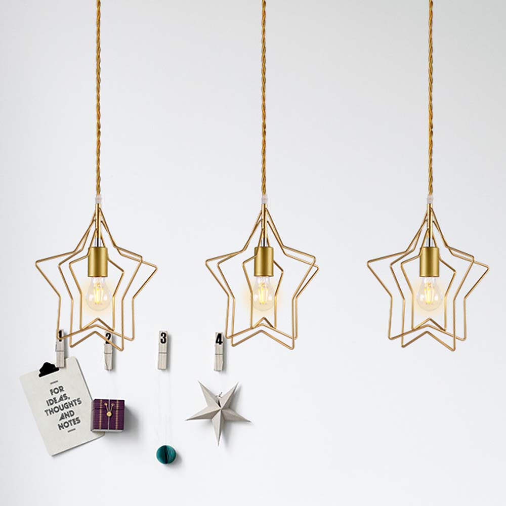 Đèn thả khung ngôi sao nhôm sắt sơn vàng chao thủy tinh tròn bóng LED Đèn thả khung ngôi sao nhôm sắt sơn vàng chao thủy tinh tròn bóng LED