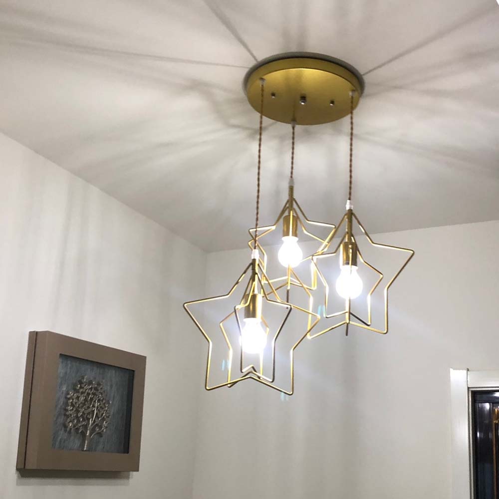 Đèn thả khung ngôi sao nhôm sắt sơn vàng chao thủy tinh tròn bóng LED
