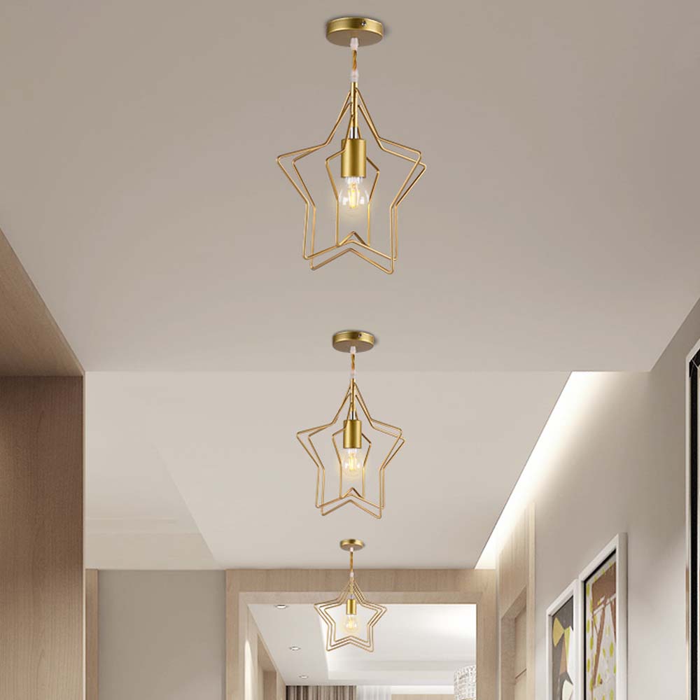 Đèn thả khung ngôi sao nhôm sắt sơn vàng chao thủy tinh tròn bóng LED Đèn thả khung ngôi sao nhôm sắt sơn vàng chao thủy tinh tròn bóng LED