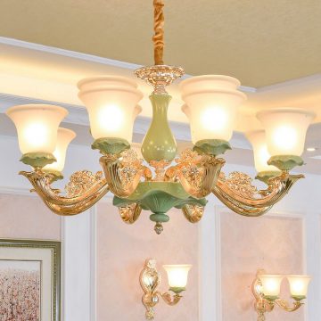 Đèn chùm 12 chao Thủy tinh thân màu gốm VENUS 6060/8+4