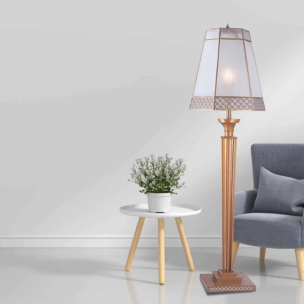 Đèn cây đồng phòng khách chụp thủy tinh lục giác cổ điển Venus 700037-01 Đèn cây đồng phòng khách chụp thủy tinh lục giác cổ điển Venus 700037-01