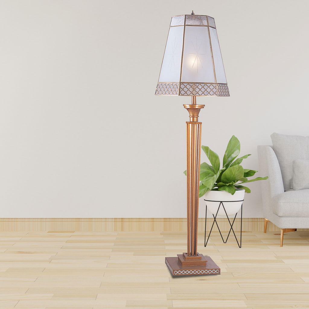 Đèn cây đồng phòng khách chụp thủy tinh lục giác cổ điển Venus 700037-01 Đèn cây đồng phòng khách chụp thủy tinh lục giác cổ điển Venus 700037-01