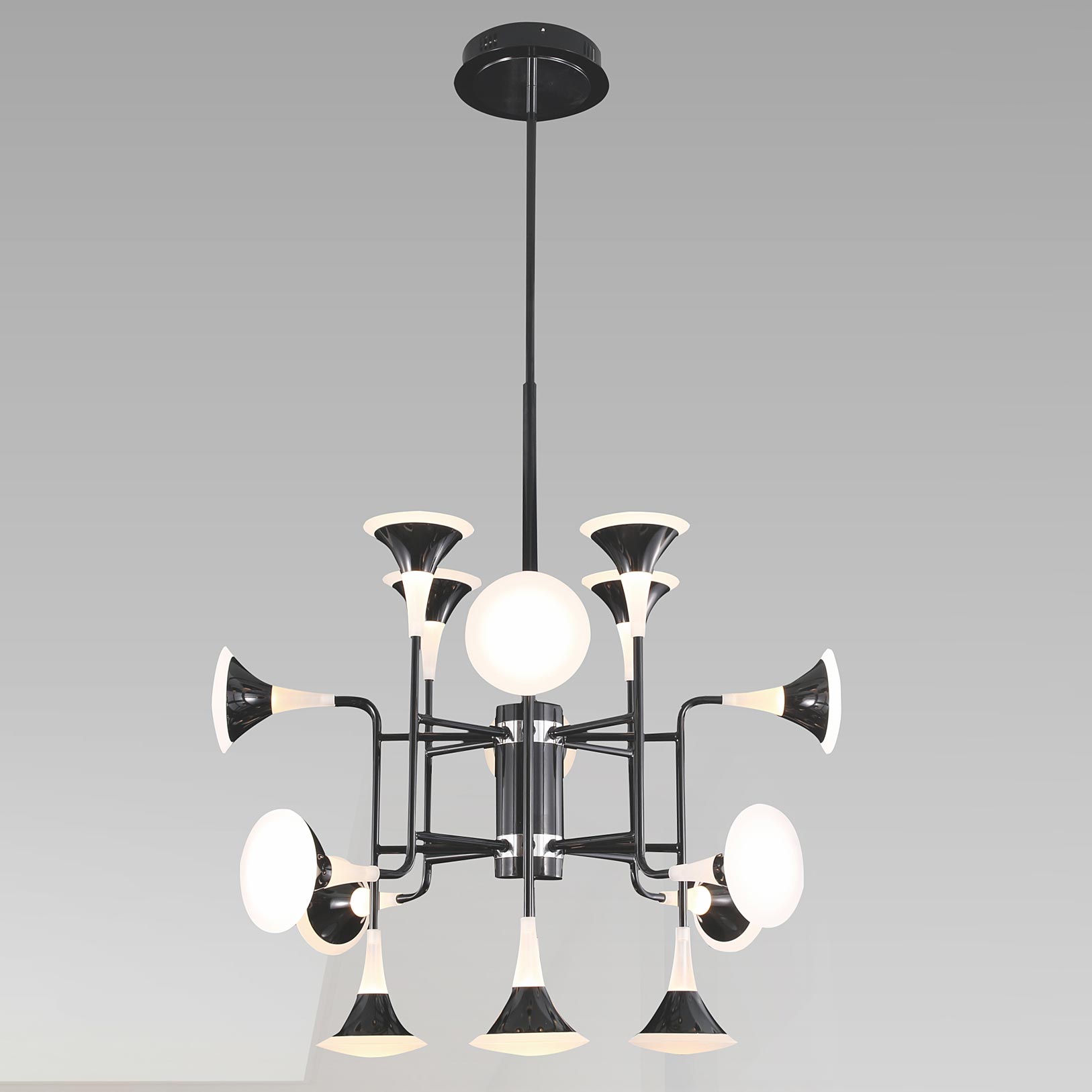 Đèn Chùm Hoa Tulip Đen Trắng Khung Sắt Chao Thủy Tinh 15 Tay 62W Venus Pd187-15C Đèn Chùm Hoa Tulip Đen Trắng Khung Sắt Chao Thủy Tinh 15 Tay 62W Venus Pd187-15C